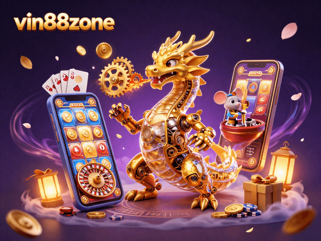 Experience thrilling wins at vin88zone with a majestic golden dragon and vibrant casino elements!