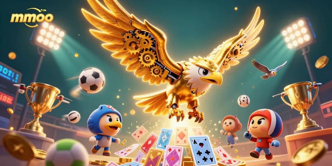 Experience the excitement of mmoo with a golden eagle diving through holographic cards and sports elements.