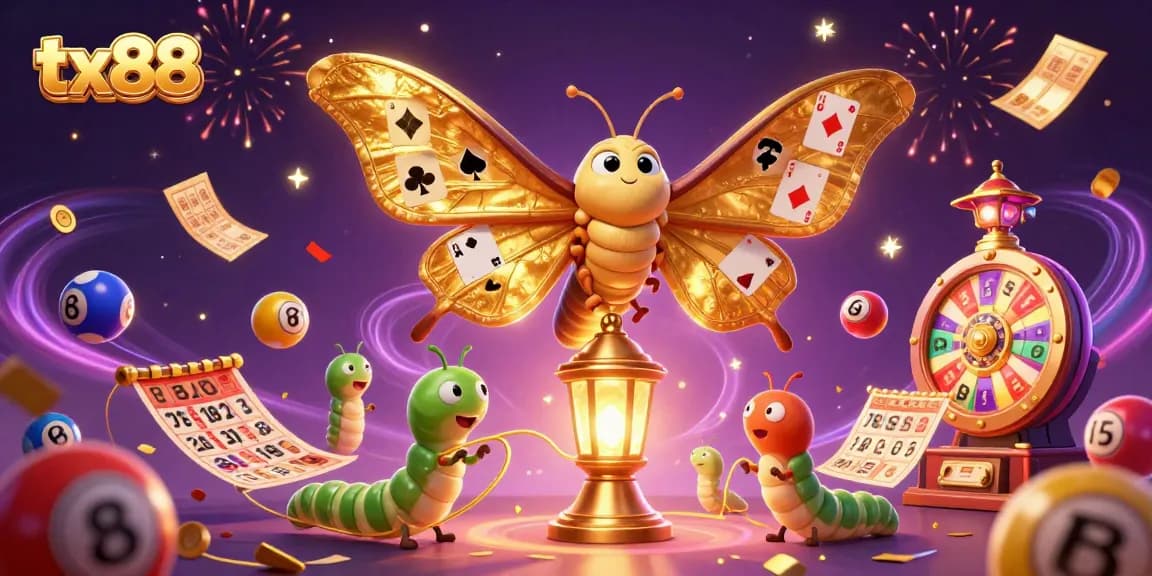 tx88 showcases a vibrant 3D casino scene with dynamic lottery balls and a majestic atlas moth.