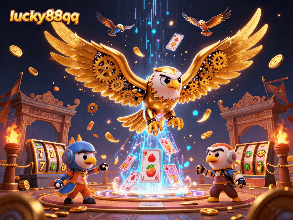 Experience thrilling wins at lucky88qq with a stunning illustration of a cybernetic eagle amid casino excitement.