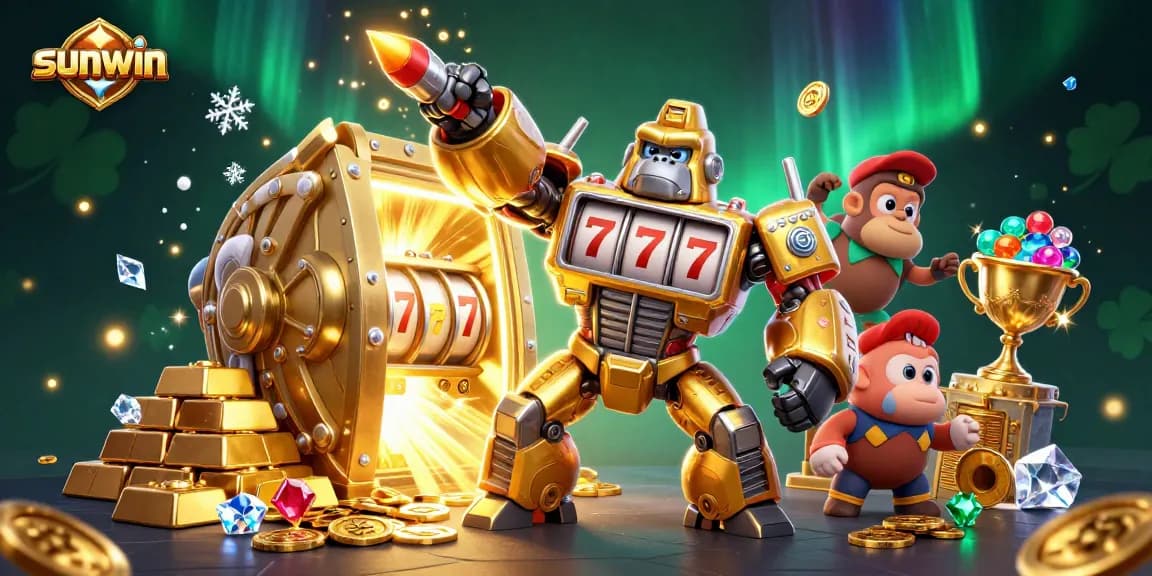 Experience thrilling wins with Sunwin's vibrant 3D illustration of a golden gorilla mech and treasure vault.