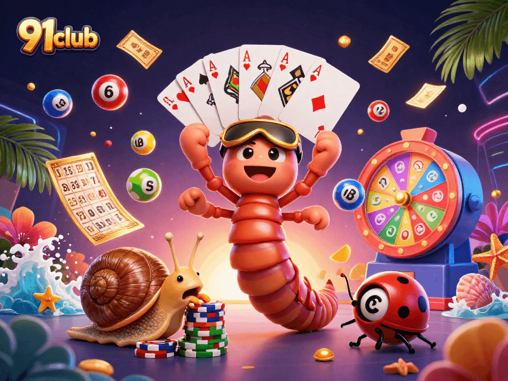 Engage with vibrant games at 91club featuring a cartoon dealer and colorful lottery elements.