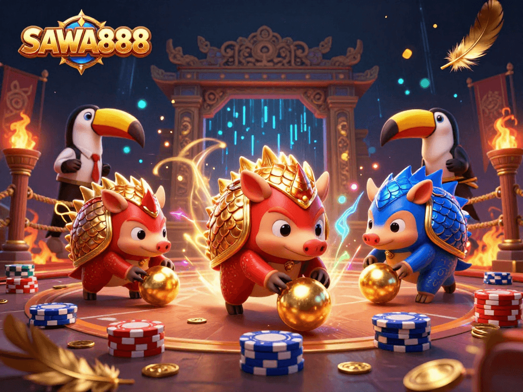 Engage with SAWA888's thrilling arcade gaming featuring colorful pangolins and vibrant casino elements.