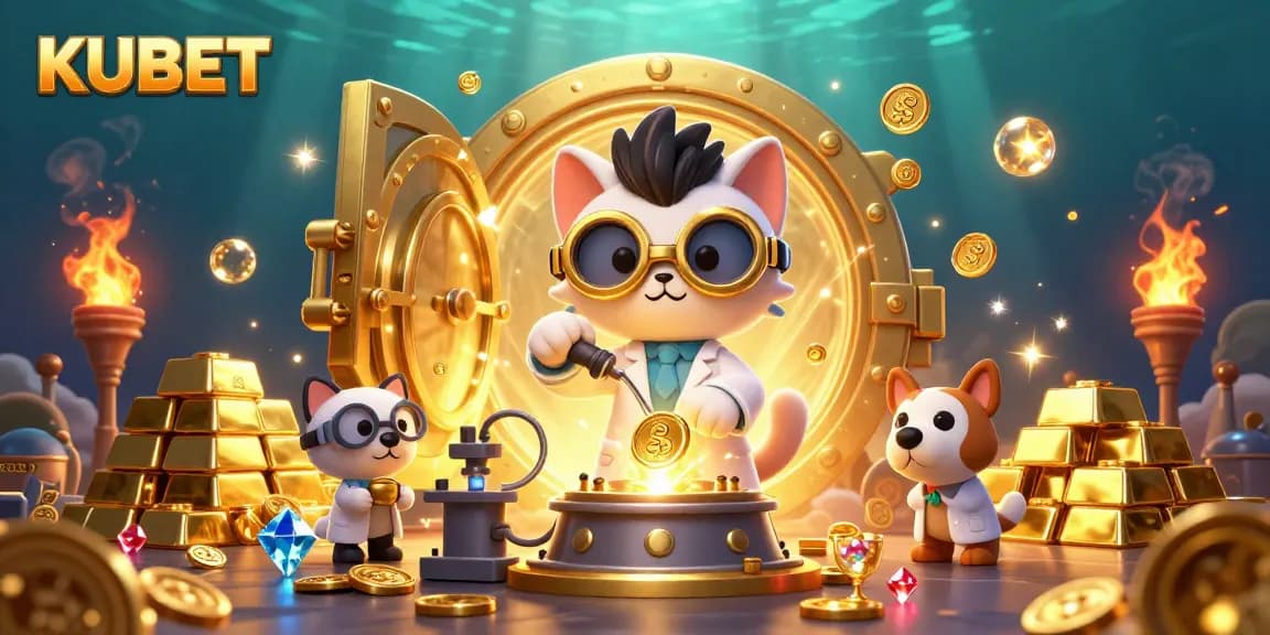 Experience the thrilling KUBET casino atmosphere in a 3D illustration with vibrant treasure elements.