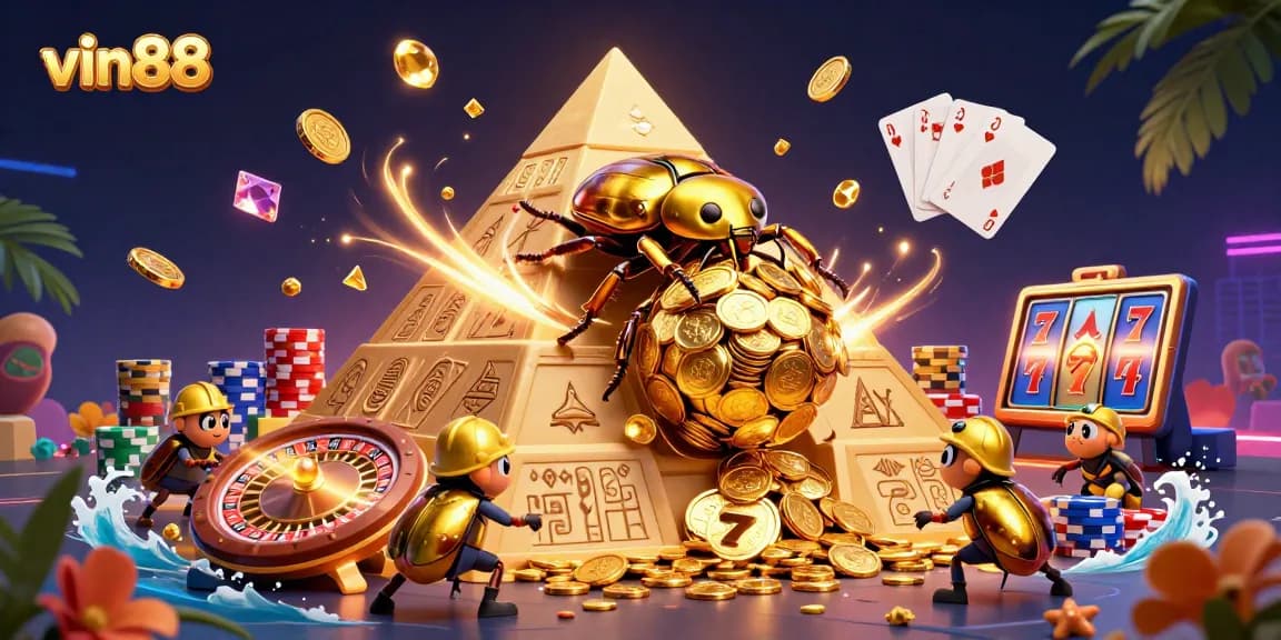 Experience the thrill of vin88 with a golden beetle and casino elements in an energetic 3D scene.