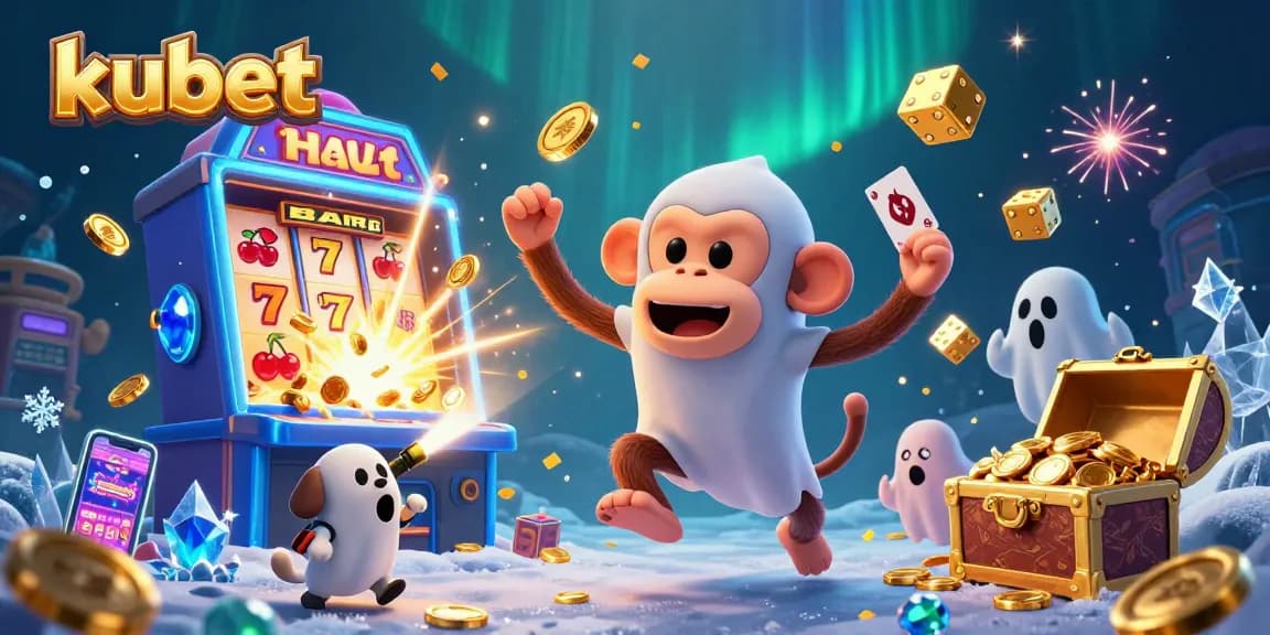Kubet casino juggles excitement with a mischievous monkey and ghost-hunter puppy in a lively gaming scene.
