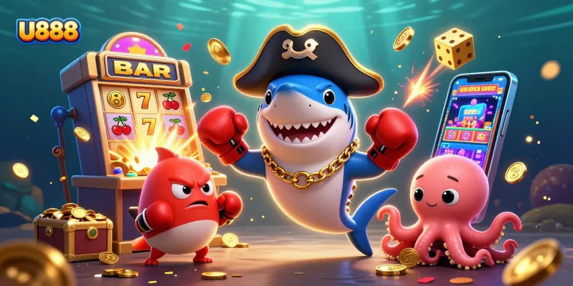 Spin and win at U888 with exciting cartoon characters celebrating massive jackpot wins in a vibrant casino scene.