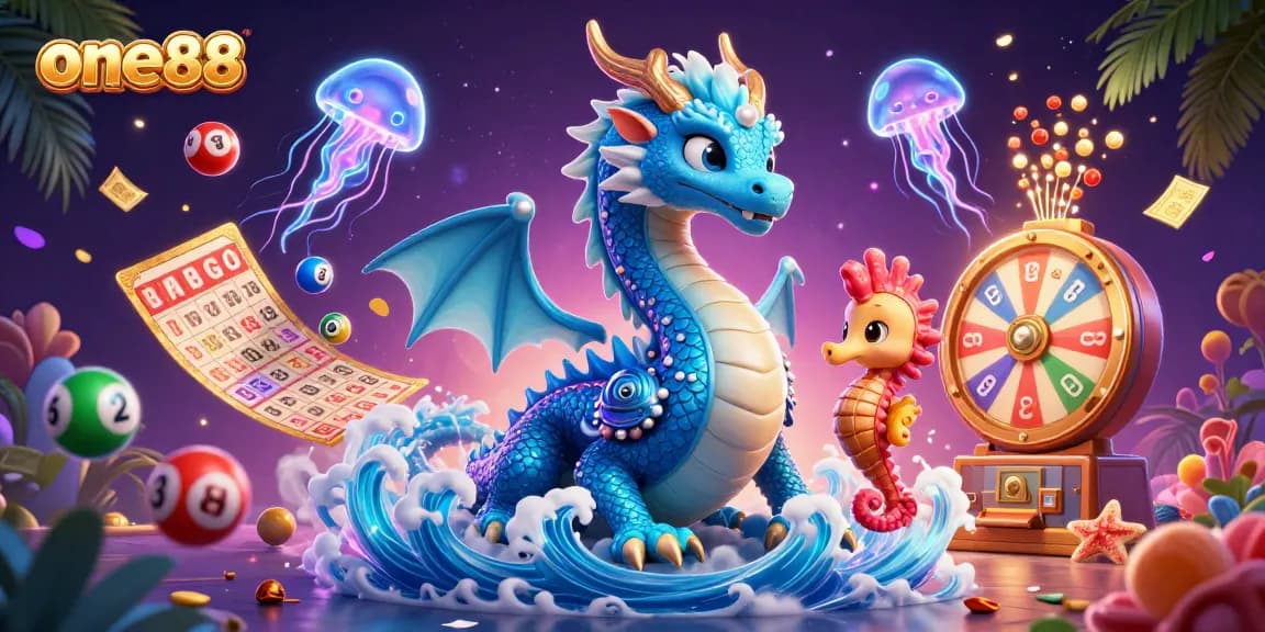 one88 engages players with a vivid illustration of a dragon, knight, and jellyfish in a colorful lottery scene