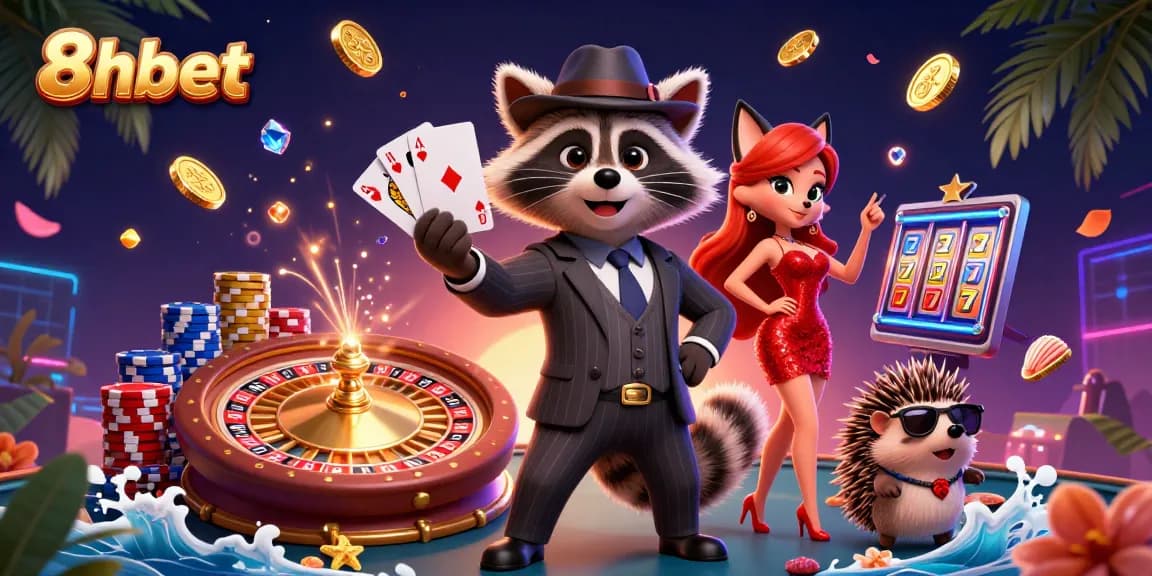 Engage with 8xbet's vibrant casino scene featuring a raccoon in a pinstripe suit and a charmer in red sequins.