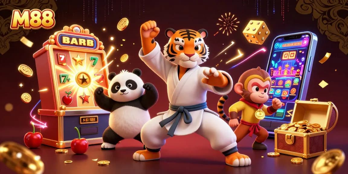 M88 features a kung fu tiger master amid a vibrant casino scene, showcasing exciting games and jackpots.