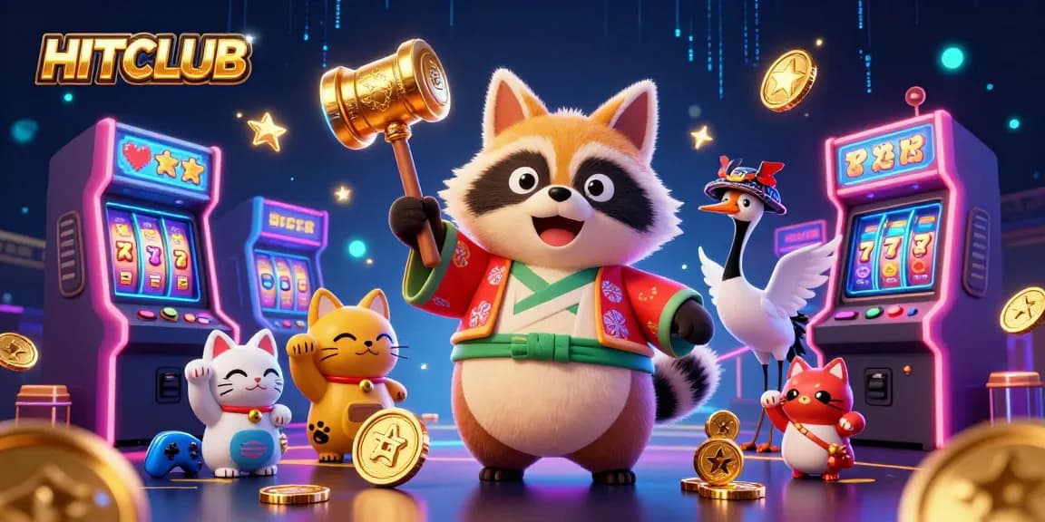 HITCLUB showcases a dynamic casino scene with cheerful characters and vibrant gaming elements.