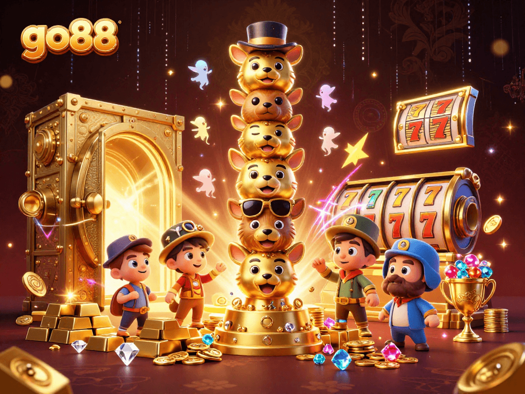 Engage with go88's vibrant casino scene featuring a dynamic totem pole and classic slot elements.