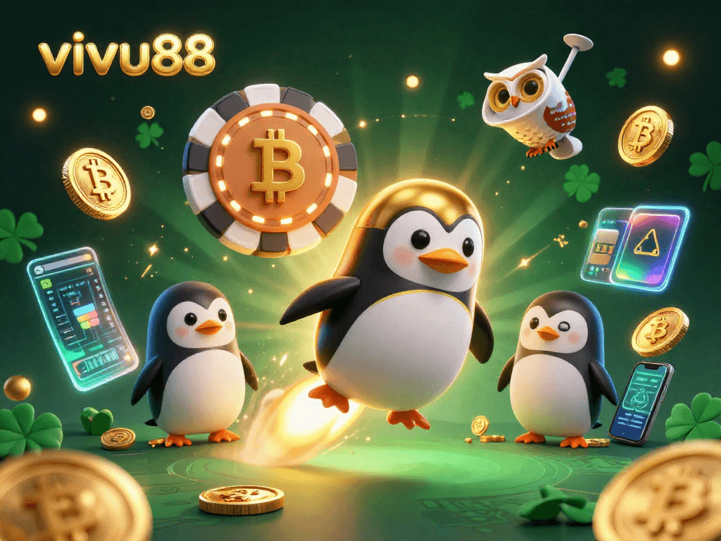 Experience exciting gameplay at vivu88 with a golden penguin soaring past a casino-inspired space station, showcasing vibrant cryptocurrencies.