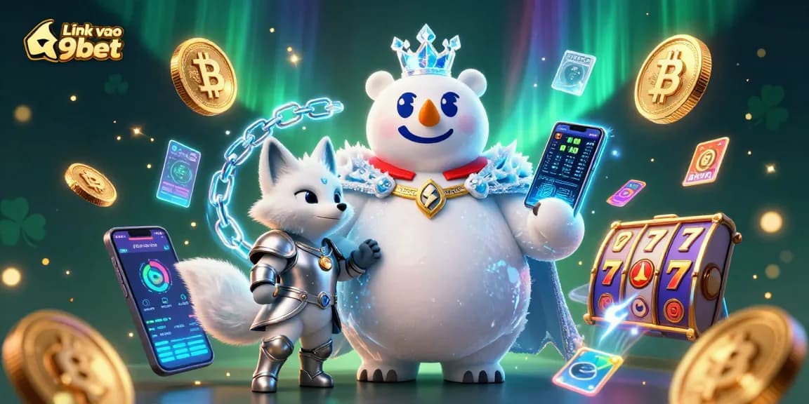 Engage with Link vao 9bet through a vibrant 3D casino world featuring an ice king and snow fox.