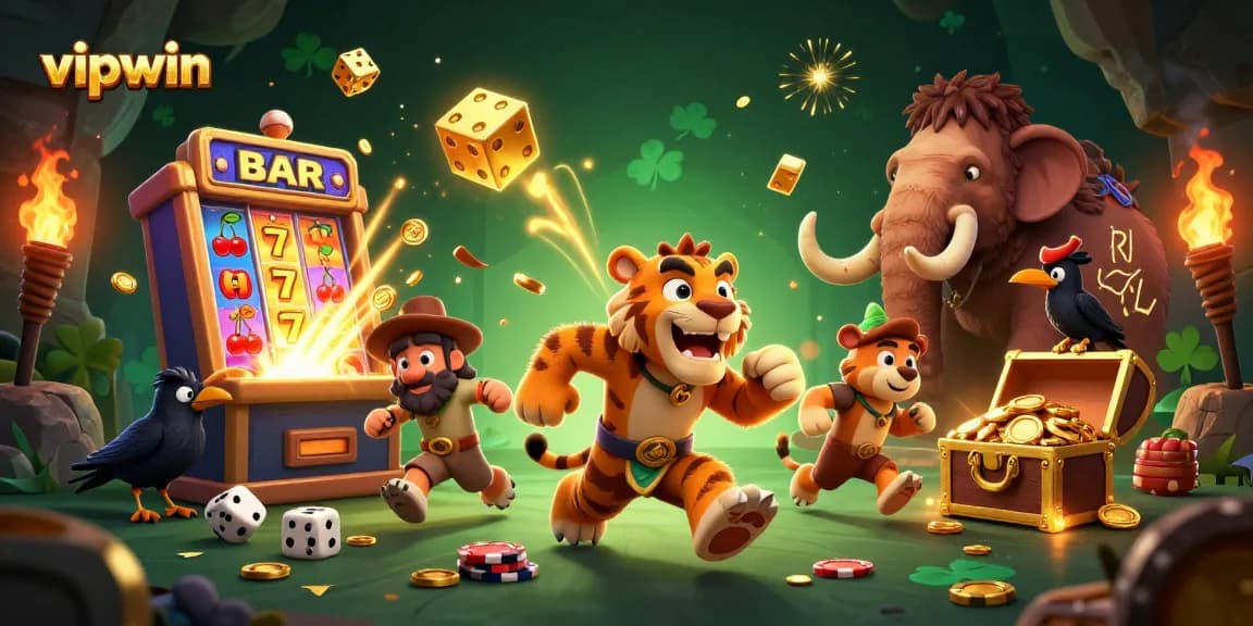Experience thrilling gaming at vipwin with an exciting prehistoric casino scene and dynamic game elements.