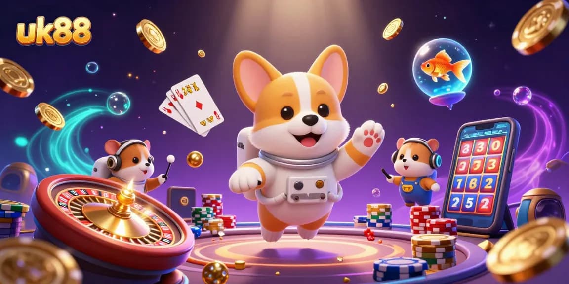 Enjoy thrilling gameplay with uk88 as the floating corgi navigates a space casino filled with coins and poker chips.