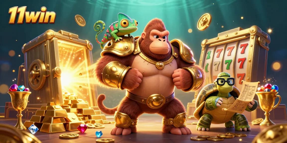 Experience thrilling wins at 11win with a vibrant casino scene featuring colorful characters and riches.