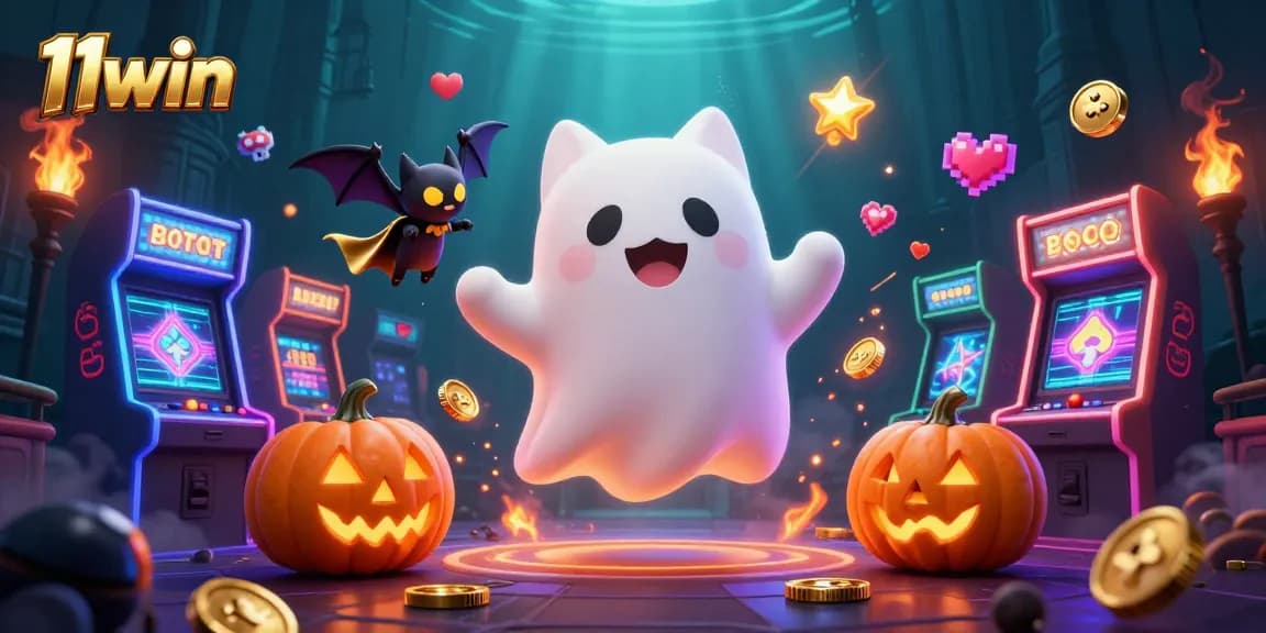 Engage in thrilling gameplay at 11win with a vibrant illustration of a ghost cat and bat in a haunted casino.