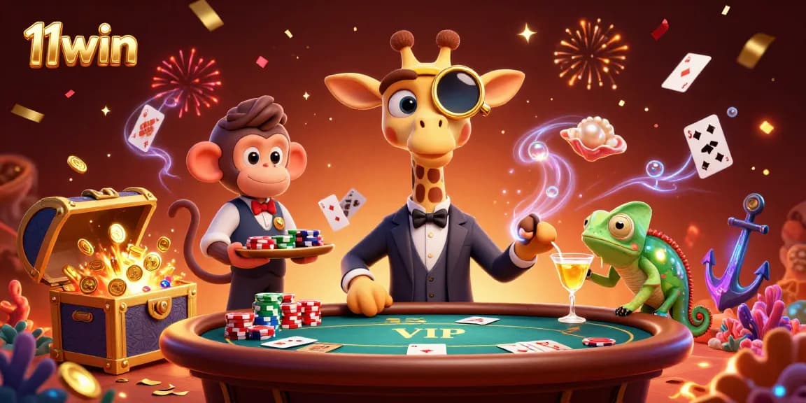Experience luxury at 11win with a high-roller giraffe and vibrant casino elements.