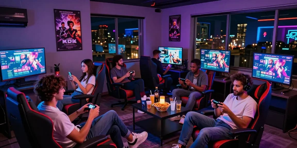 Friends enjoying a porn game together in a vibrant gaming lounge with interactive setups.