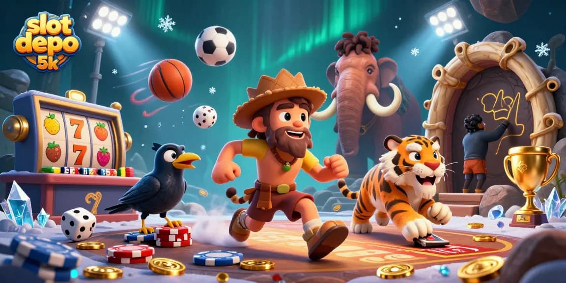 Engage with slot depo 5k in a vibrant casino scene featuring a caveman and tiger duo.