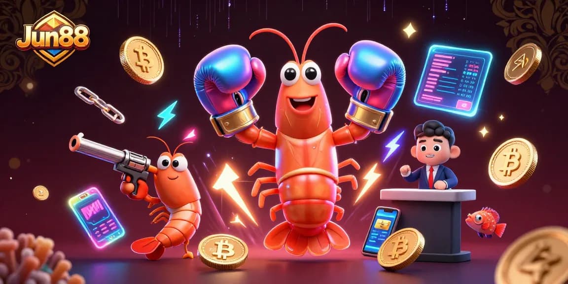 Experience intense gaming action with Jun88's vibrant casino illustration featuring a mantis shrimp boxing champion.