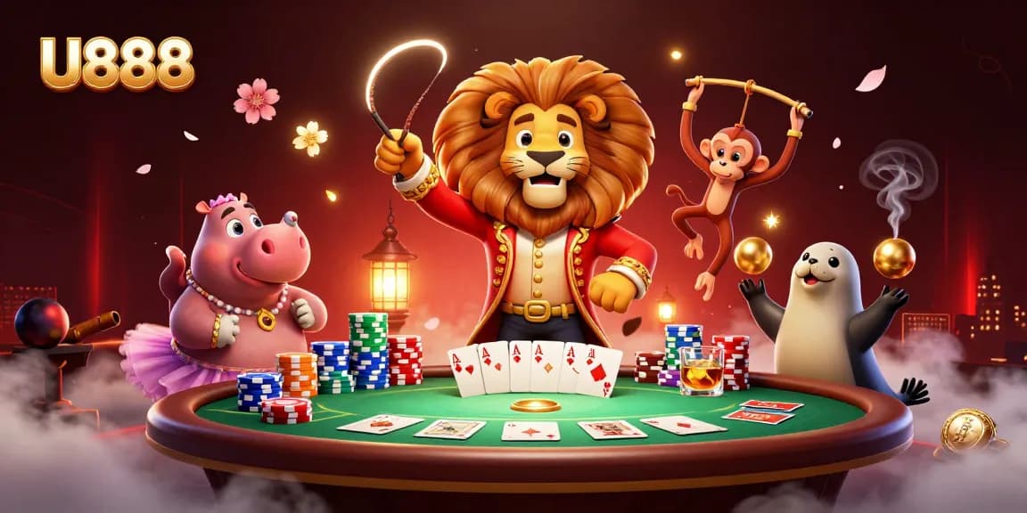 U888 showcases lively casino action with a cartoon circus theme, featuring poker elements and vibrant characters.