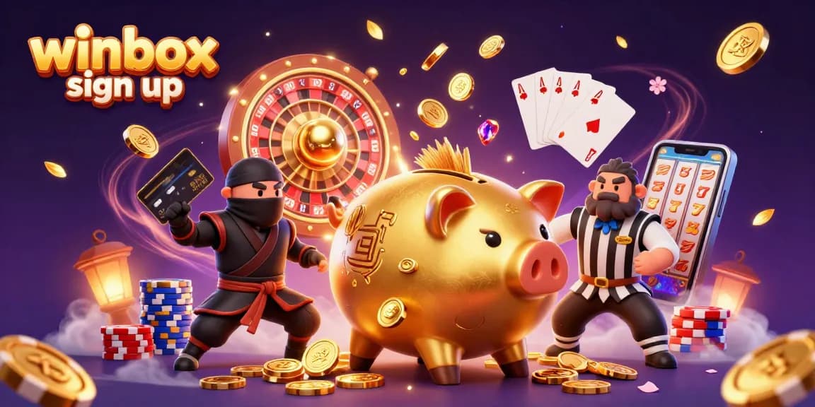 Winbox sign up scene with a sumo wrestler, wallet-ninja, and samurai referee amid casino elements.