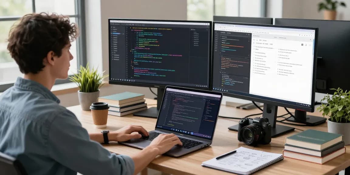 Developer at workspace coding to build internal tools with AI, showcasing collaboration and productivity