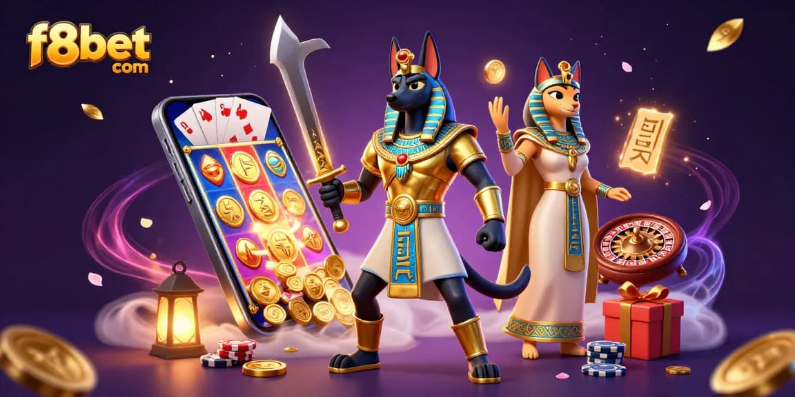 Experience the thrill of f8bet com with ancient Egyptian themes in this vibrant online casino illustration.