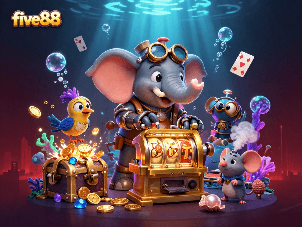 Win big at five88 with 3D steampunk-themed slot machine action surrounded by colorful casino elements.