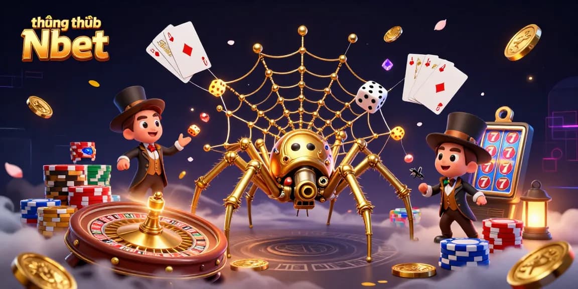 Experience the excitement of thương hiệu Nbet with a dynamic 3D casino scene featuring golden spider and gaming elements.