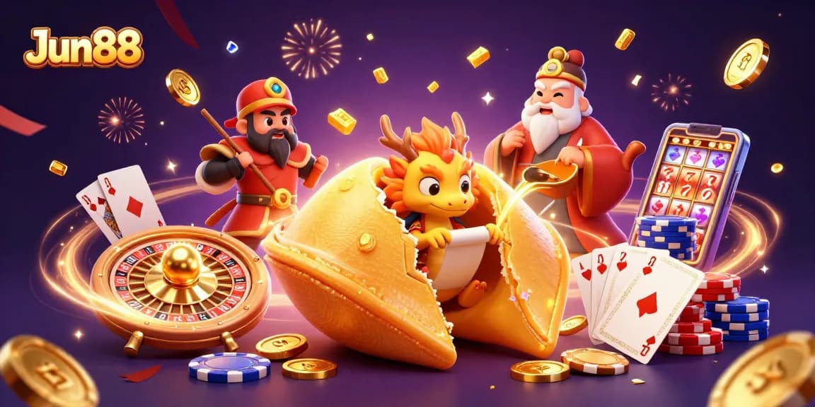 Jun88 offers an exciting online casino experience with golden elements showcasing dynamic gambling action.