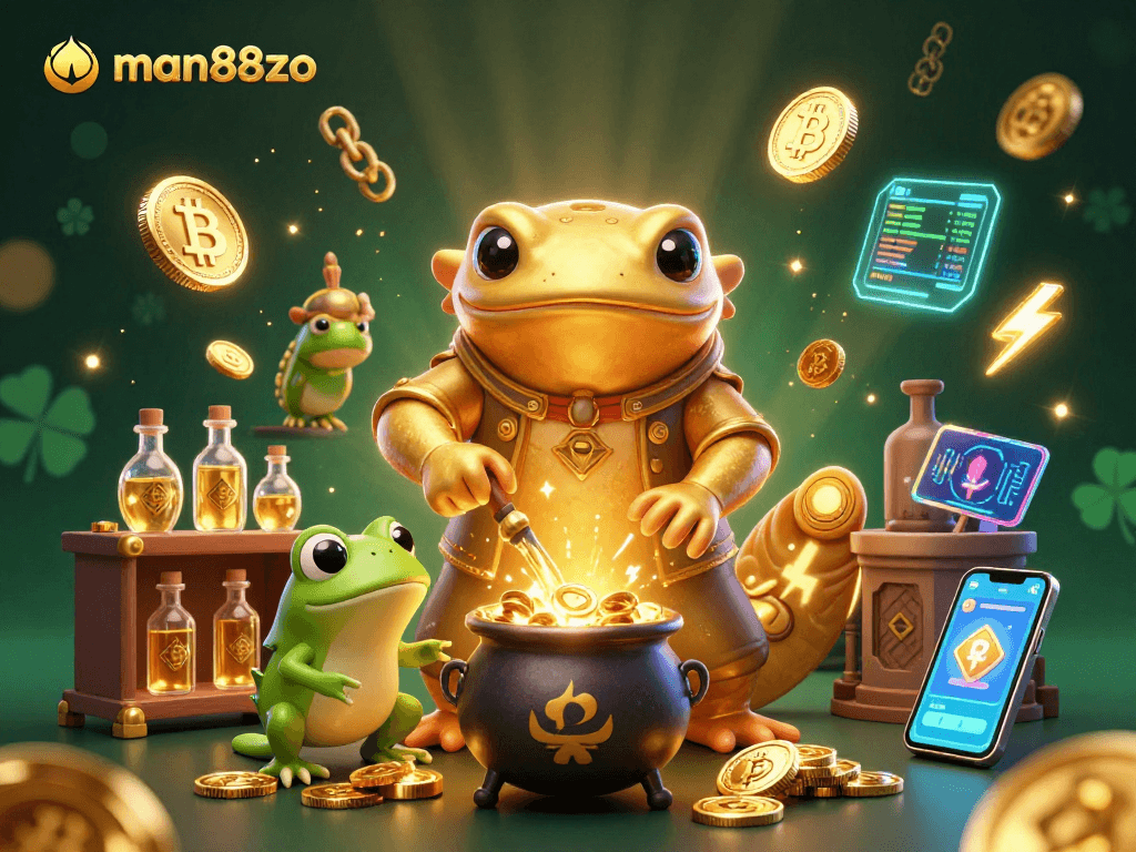 Win big at man88zo with a magical 3D casino scene filled with gold coins and crypto elements.