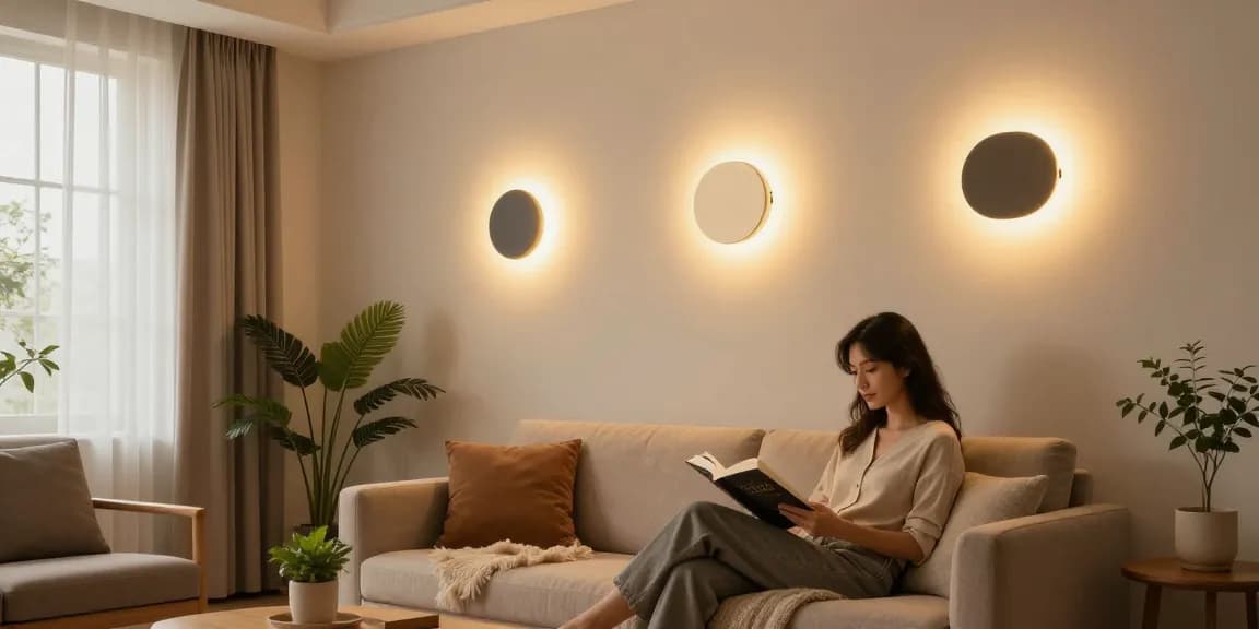 Aplice LED moderne iluminând un living cozy, cu atmosferă caldă și primitoare.