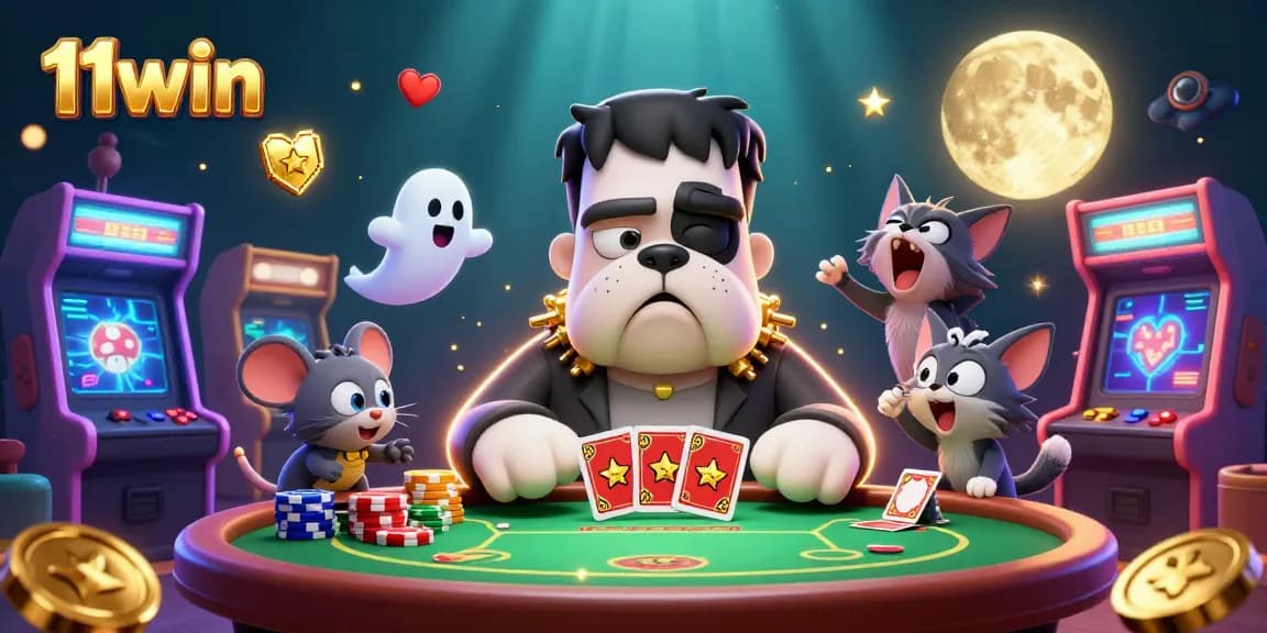 Experience 11win's thrilling poker scene with a Frankenstein bulldog and ghost mouse!