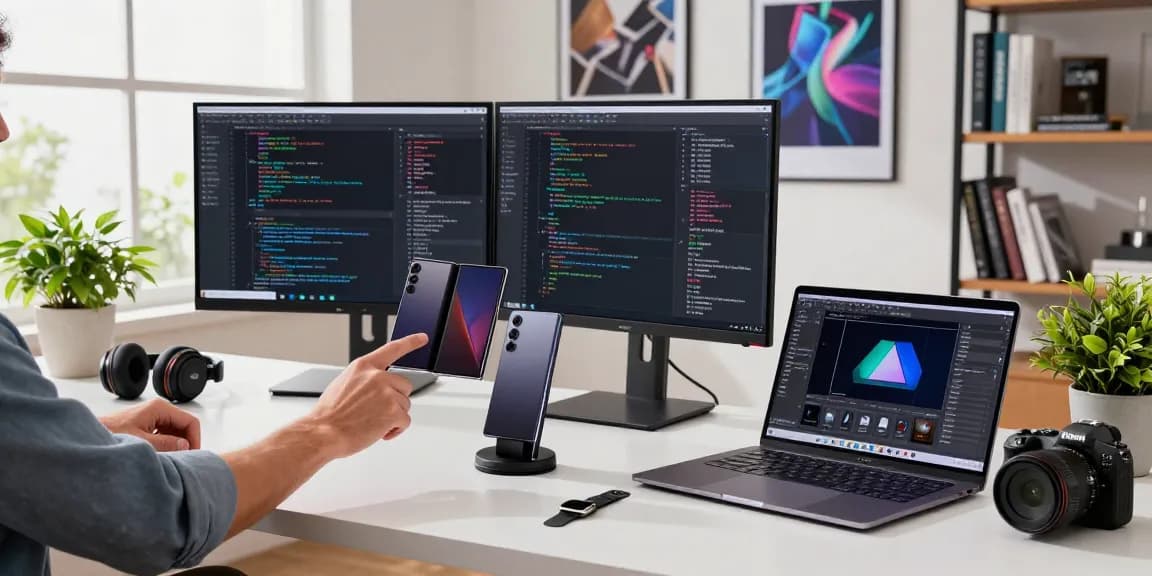 Tech enthusiast using Samsung Galaxy Z TriFold in a modern workspace, with dual monitors and design software.