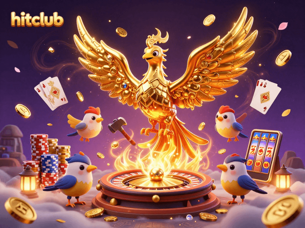 Experience hitclub's vibrant casino scene featuring a phoenix, coins, and playing cards.