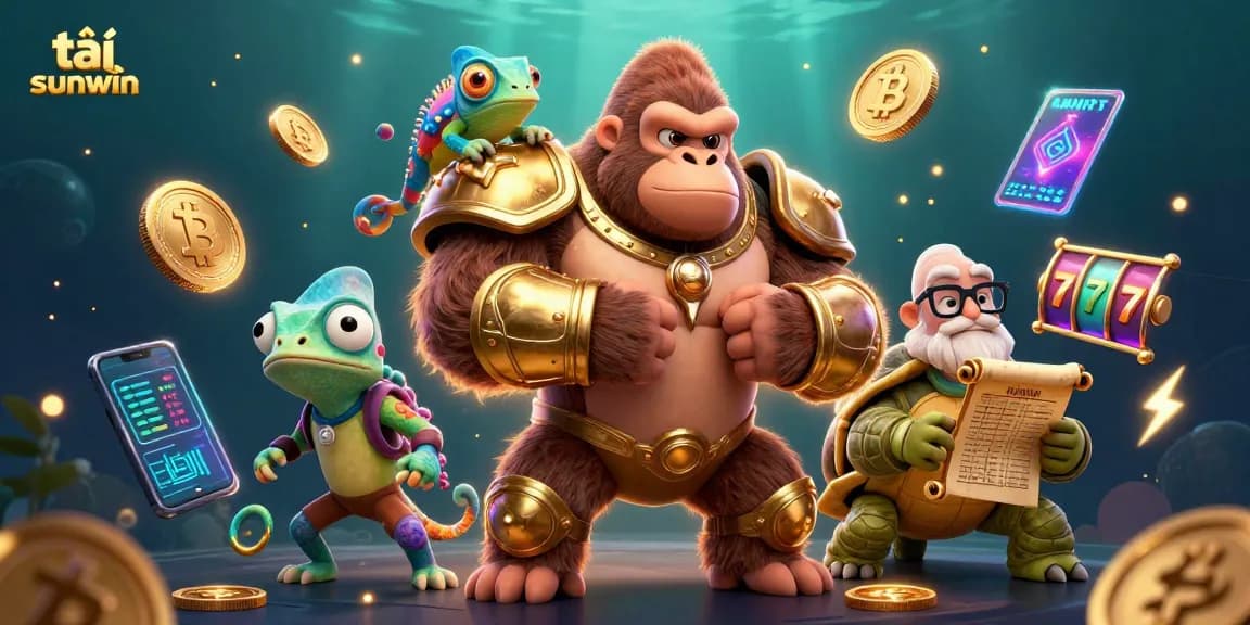 Experience tải sunwin with this dynamic casino-themed illustration featuring a gorilla king and chameleon companion.
