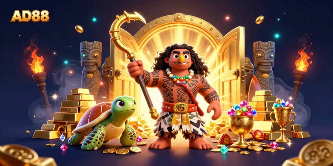 Experience the thrilling world of AD88 at a vibrant Polynesian casino scene filled with treasure.