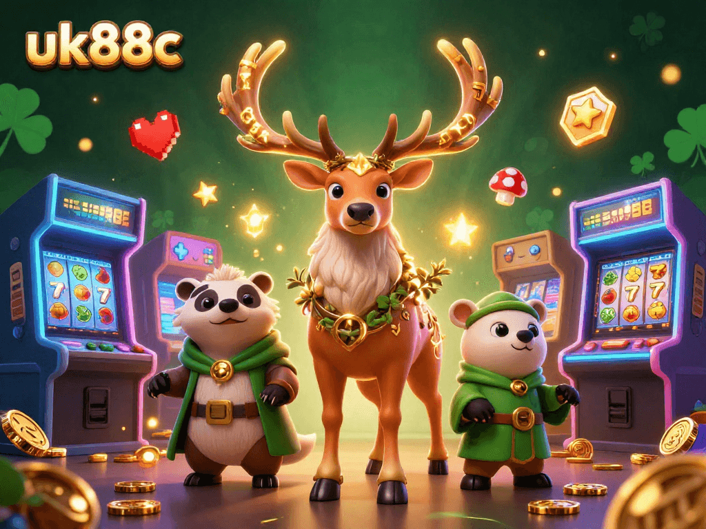 Engage exciting slots and jackpots with uk88c featuring a Celtic stag and dynamic gaming action.