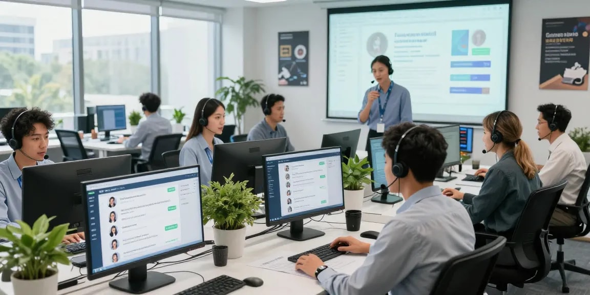 客戶支持代理在現代環境中使用美洽系統，並有即時分析和聊天機器人界面。