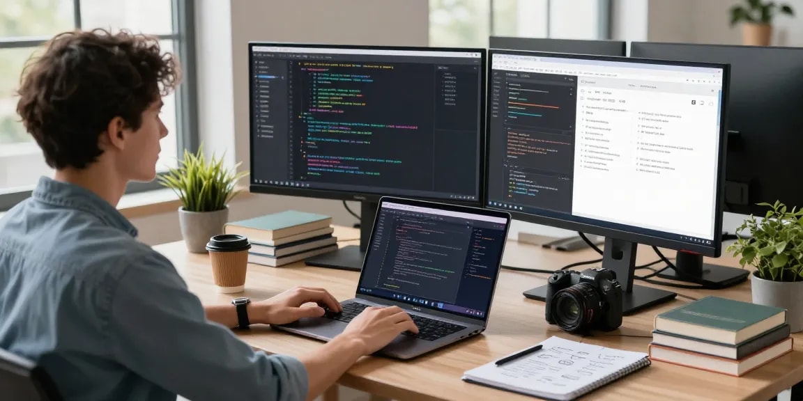Developer at workspace coding to build internal tools with AI, showcasing collaboration and productivity