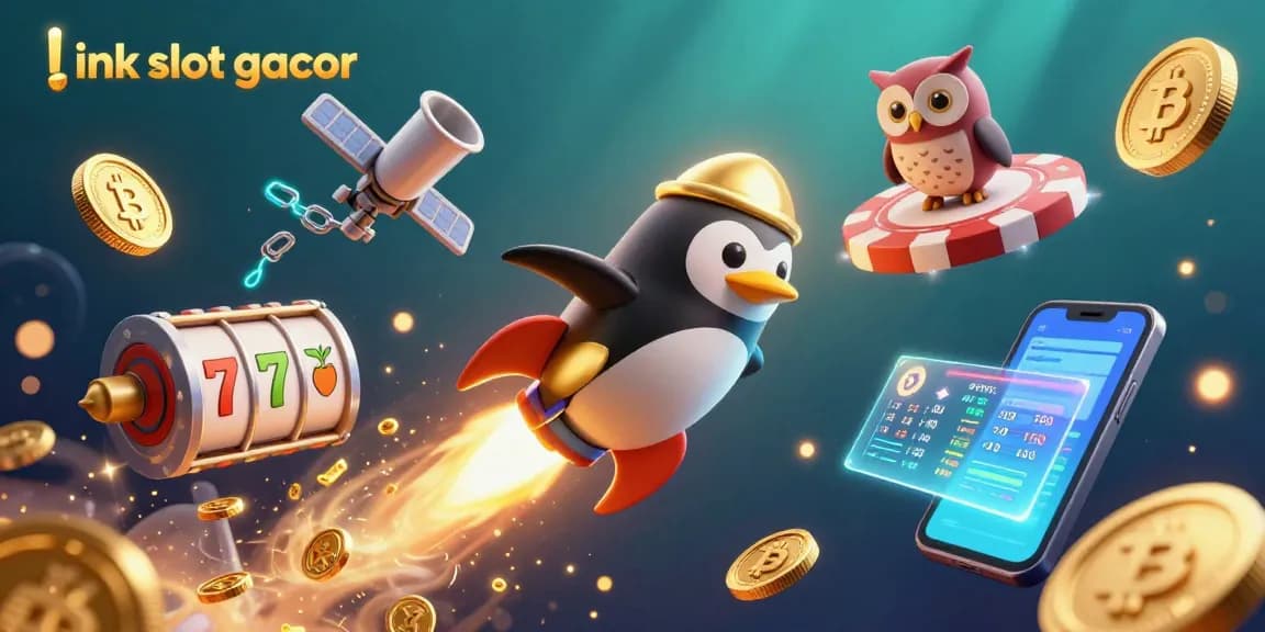 Experience the thrill of link slot gacor with a colorful 3D penguin blasting through a vibrant casino galaxy.