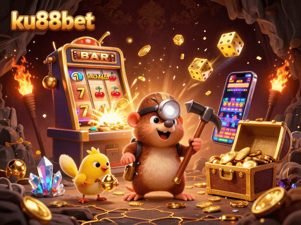 ku88bet slot machine jackpot explosion in 3D fantasy casino scene with treasure hunter mole and glowing gems.