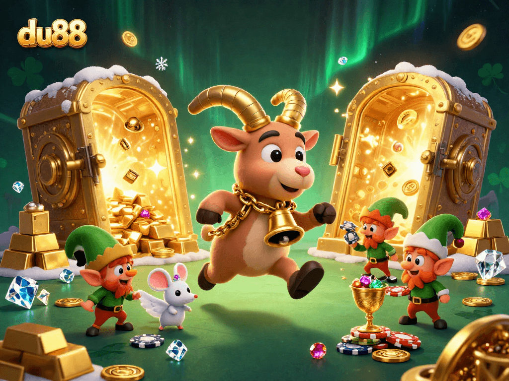 Experience thrilling casino fun at du88 with Krampus and whimsical characters in a festive casino scene