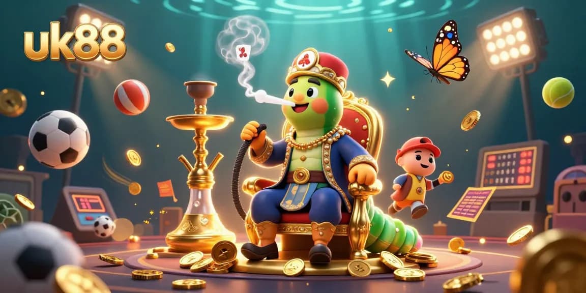 uk88 showcases a vibrant 3D casino scene with sports and gambling elements, emphasizing betting dynamics.