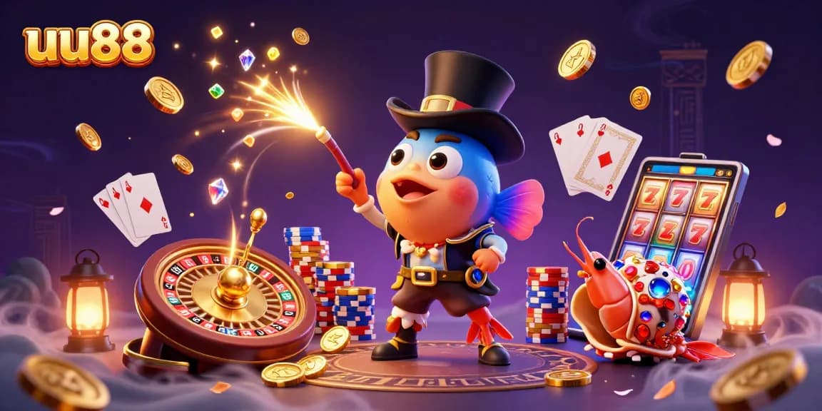 Win big at uu88 with an engaging scene of a deep-sea anglerfish attracting golden coins amidst casino elements.