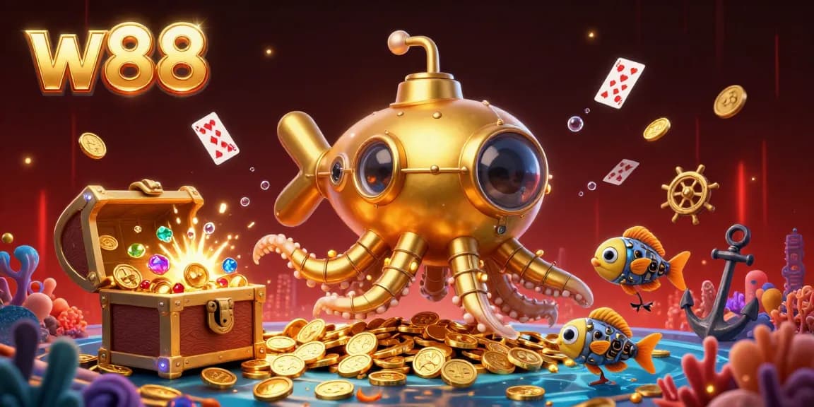 Bet on w88 with this vibrant illustration of a kraken submarine amidst gold coins and coral treasures.