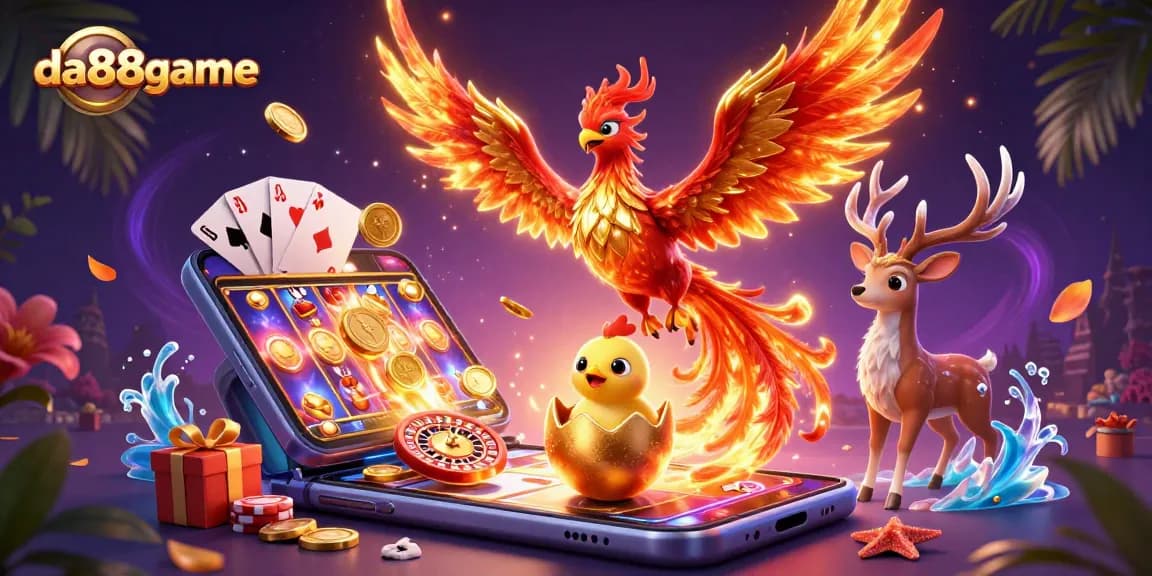 Experience excitement with da88game's vibrant phoenix illustration in a dynamic casino scene.